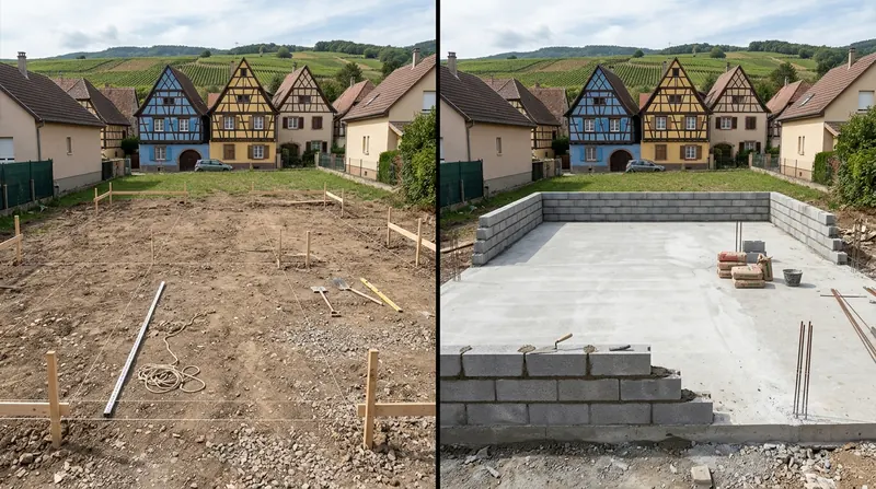 Gros œuvre, avant et après : terrain nu piqueté, puis dalle béton coulée et premiers rangs de parpaings