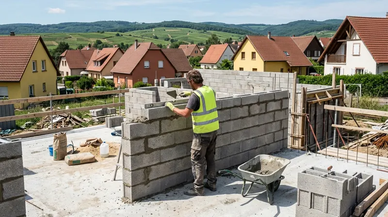 Construction et gros œuvre : maçon montant un mur en parpaings sur une dalle béton