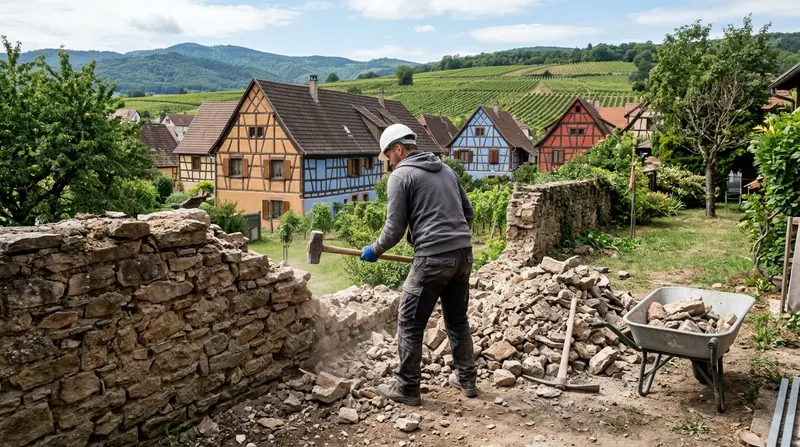 Démolition : maçon de dos démolissant un ancien mur de clôture en pierre, gravats et brouette