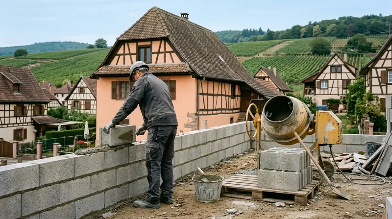 Chantier de maçonnerie près de Colmar : maçon posant un parpaing, bétonnière, maisons à colombages et vignoble au fond