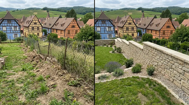 Maçonnerie extérieure, avant et après : talus et vieux grillage, puis muret de clôture en pierre neuf