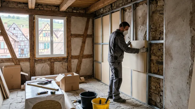 Rénovation et second œuvre : artisan masqué posant des panneaux isolants contre un mur ancien